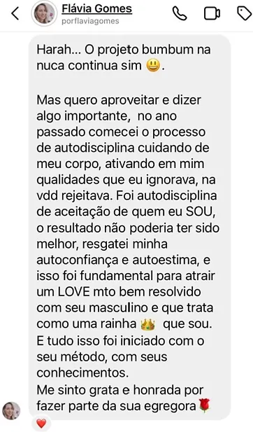 Print de mensagem da aluna Flávia relatando o resultado que teve com o curso